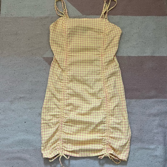 yellow and pink plaid cinched bodycon mini dress from wild fable by target - Picture 1 of 2